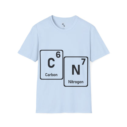 Light blue t-shirt with 67 carbon and nitrogen chemical symbols on a white background
