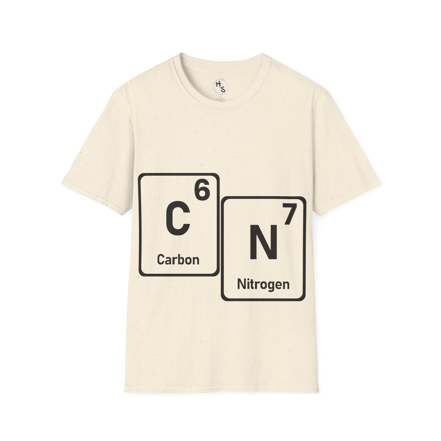 Beige t-shirt with 67 carbon and nitrogen elements on a white background