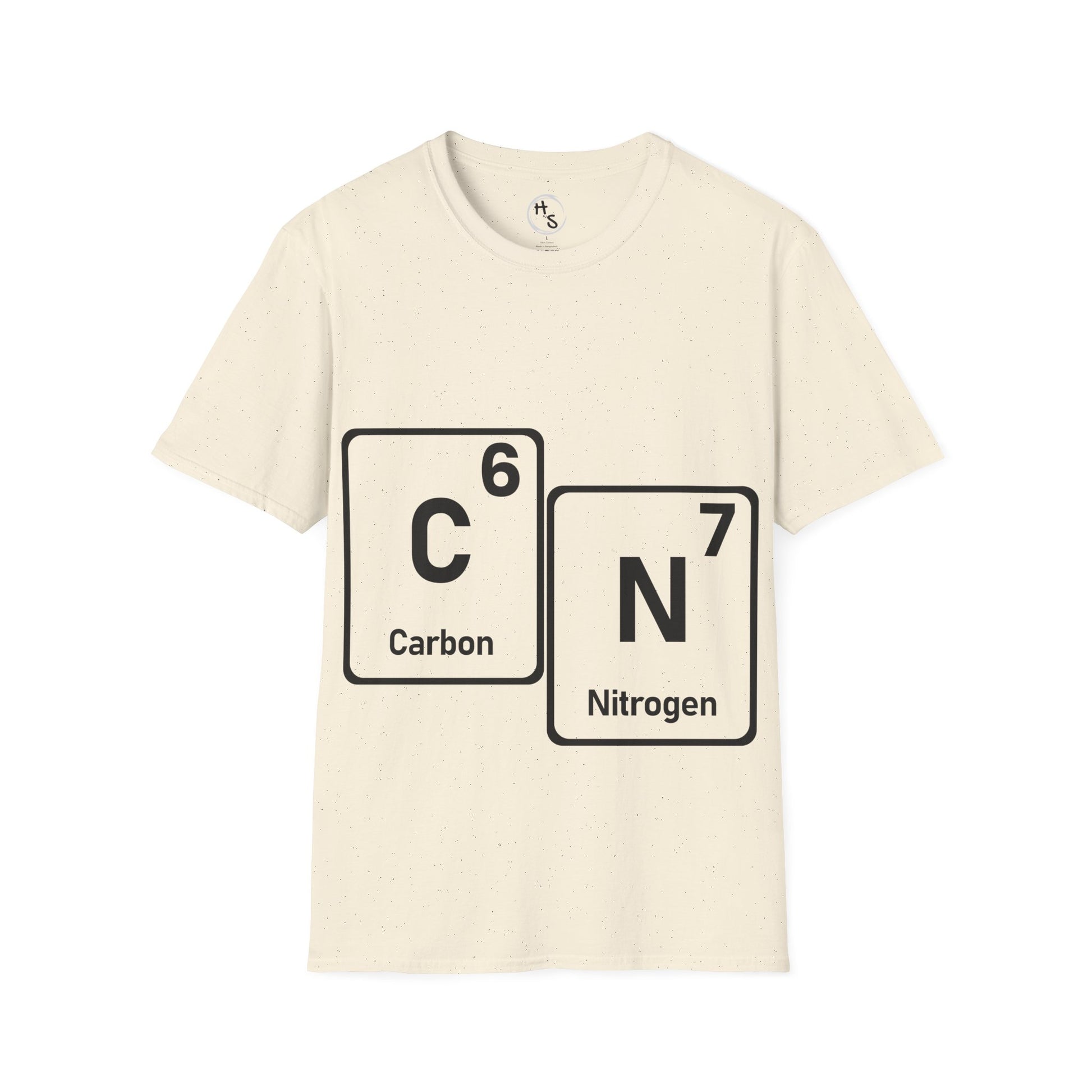 Beige t-shirt with 67 carbon and nitrogen elements on a white background