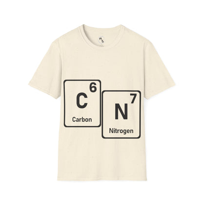 Beige t-shirt with 67 carbon and nitrogen elements on a white background