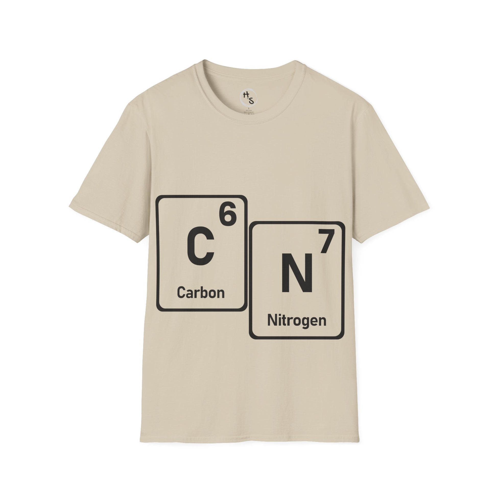 Beige t-shirt with 67 carbon and nitrogen chemical symbols on a white background