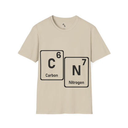 Beige t-shirt with 67 carbon and nitrogen chemical symbols on a white background