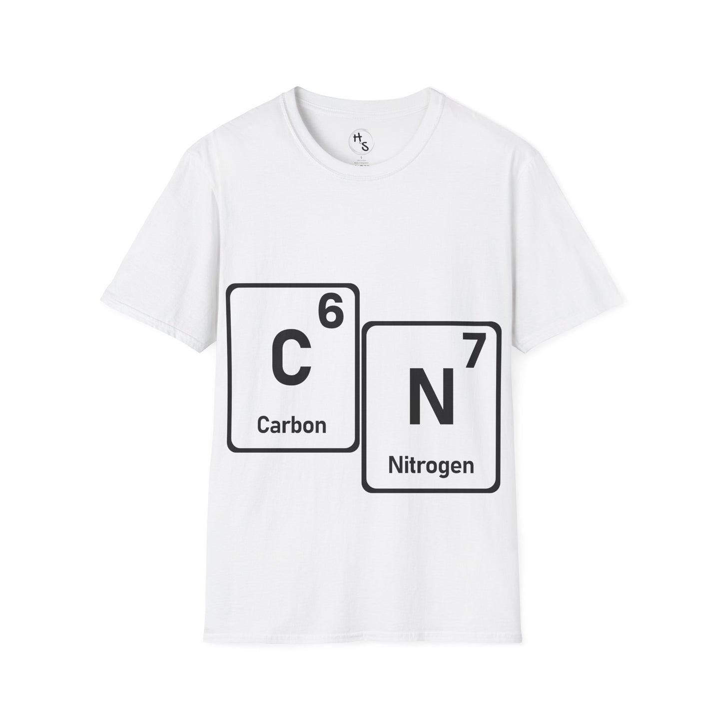 White t-shirt with 67 carbon and nitrogen chemical symbols on a white background