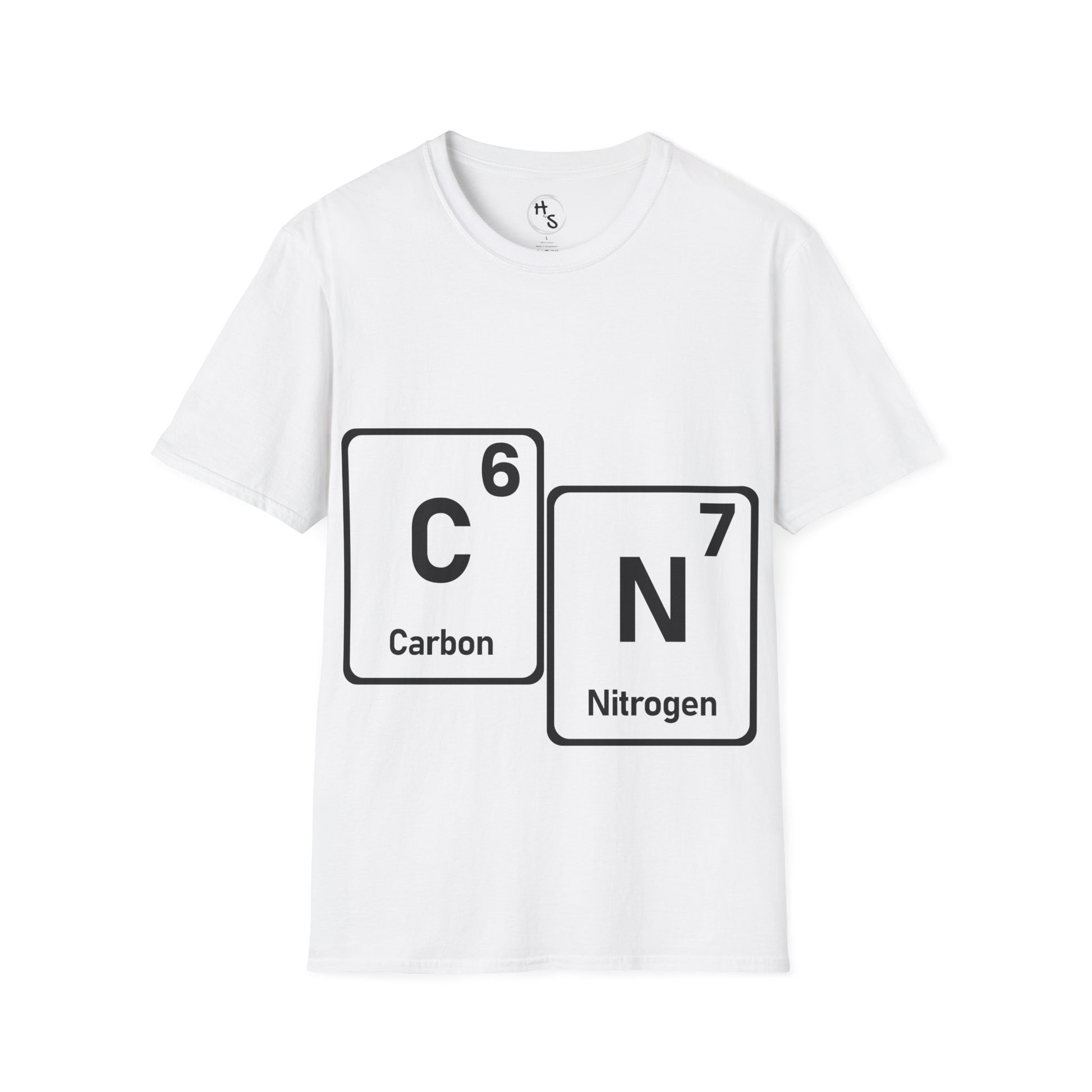 White t-shirt with 67 carbon and nitrogen chemical symbols on a white background