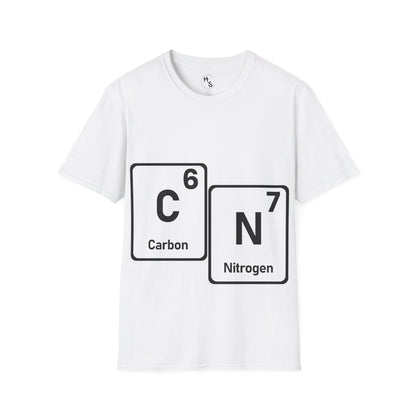 White t-shirt with 67 carbon and nitrogen chemical symbols on a white background