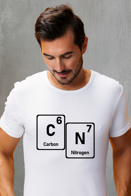 Man wearing a white t-shirt with 67 carbon and nitrogen chemical symbols.