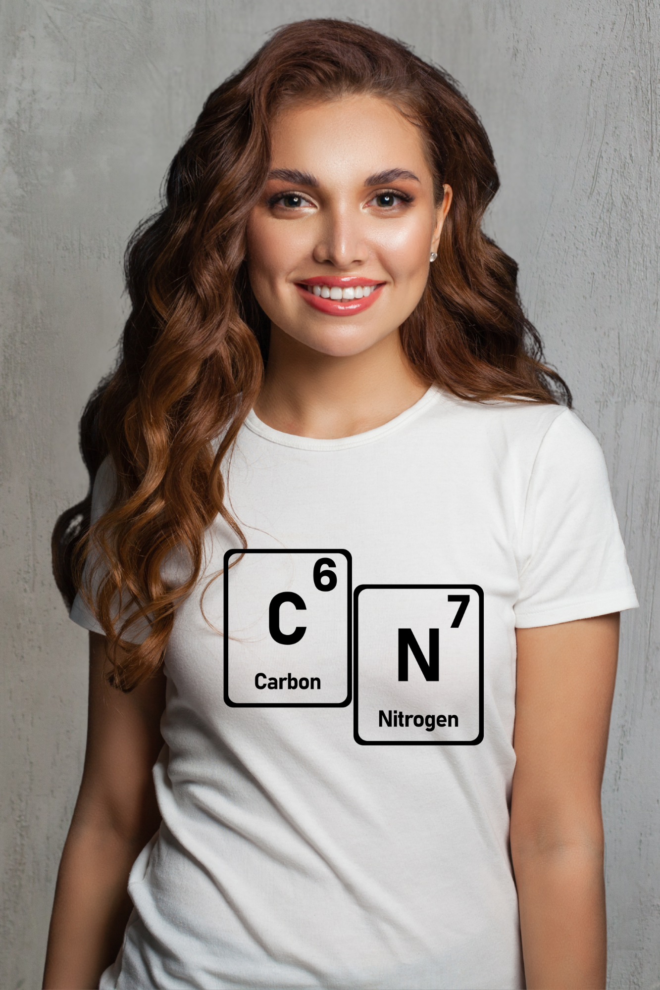 Woman wearing a white t-shirt with 67 carbon and nitrogen elements on a gray background