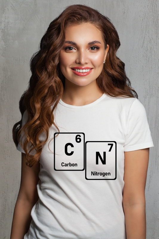 Woman wearing a white t-shirt with 67 carbon and nitrogen elements on a gray background