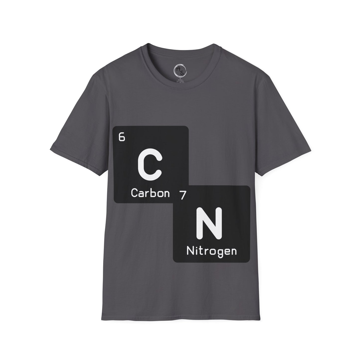 Gray t-shirt with a periodic table design featuring 67 carbon and nitrogen on a white background