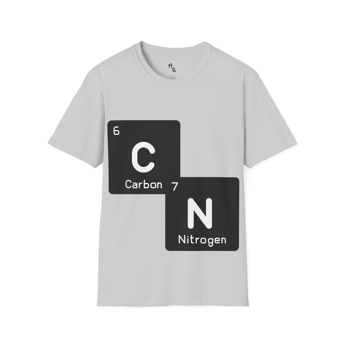 Gray t-shirt with 67 carbon and nitrogen chemical symbols on a white background