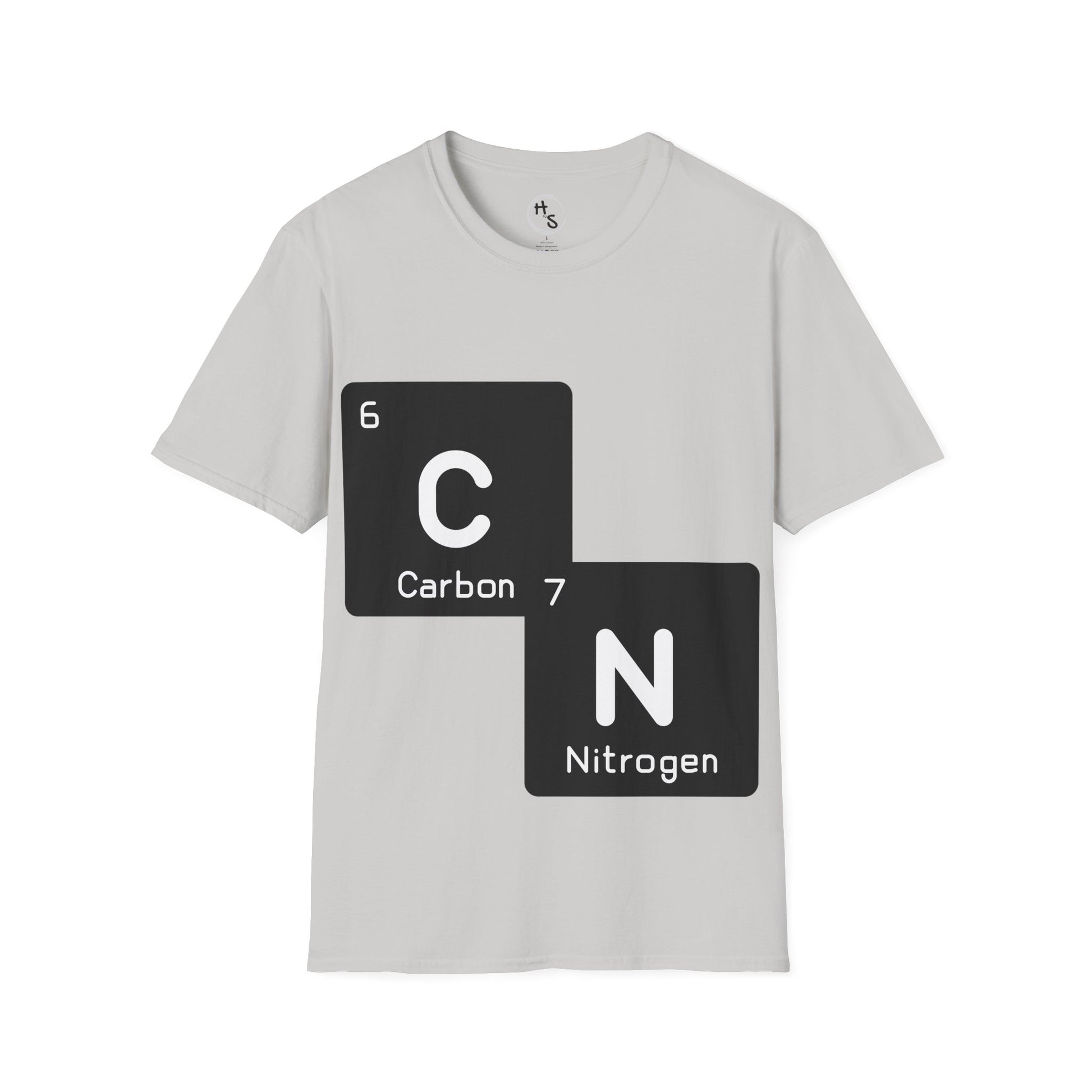 Gray t-shirt with 67 carbon and nitrogen chemical symbols on a white background