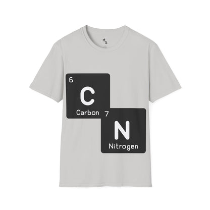 Gray t-shirt with 67 carbon and nitrogen chemical symbols on a white background