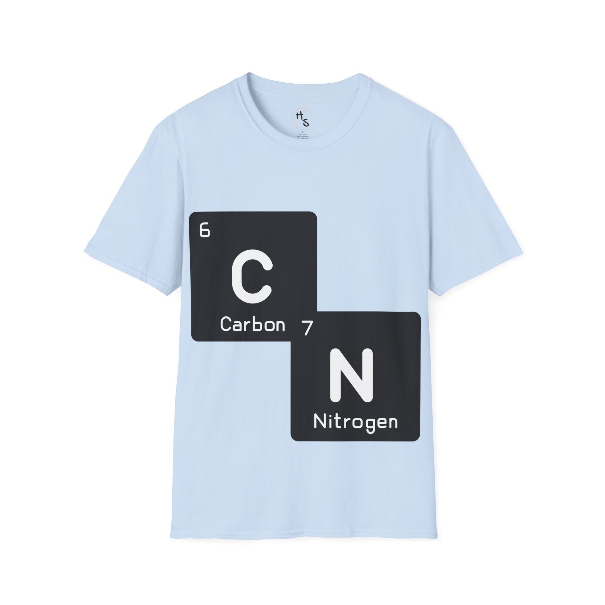 Light blue t-shirt with 67 carbon and nitrogen chemical symbols on a white background