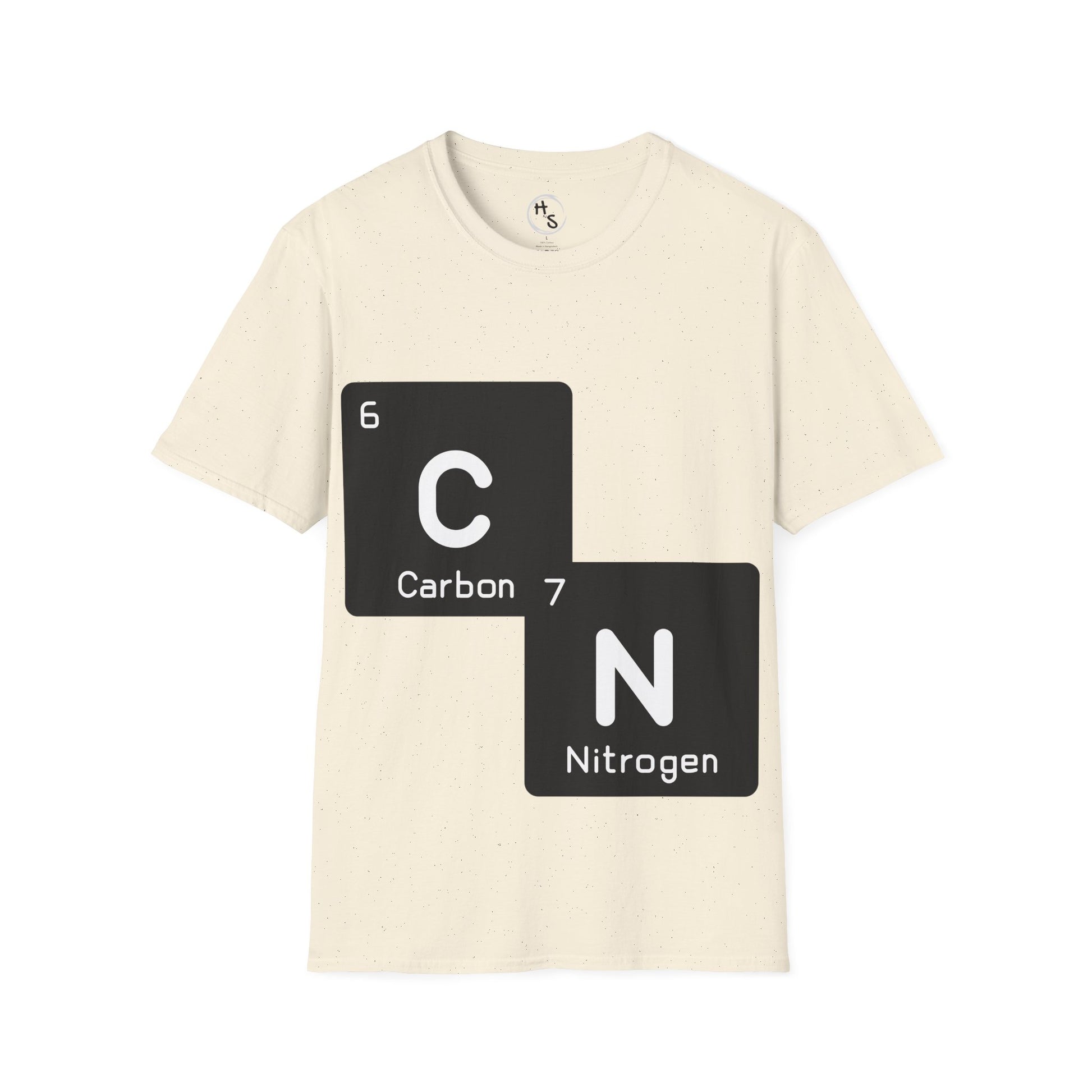 Beige t-shirt with 67 carbon and nitrogen symbols on a white background