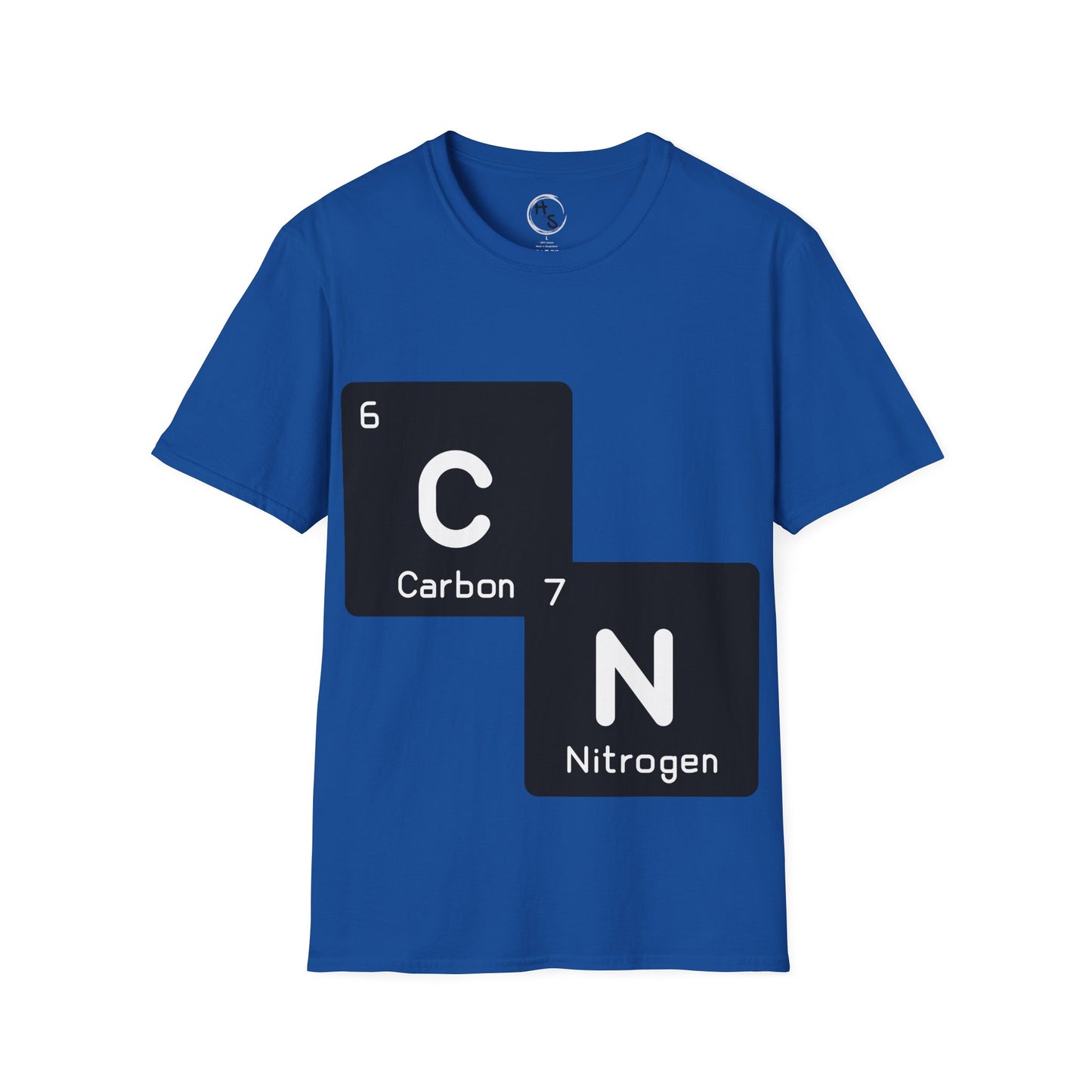 Blue t-shirt with 67 carbon and nitrogen chemical symbols on a white background