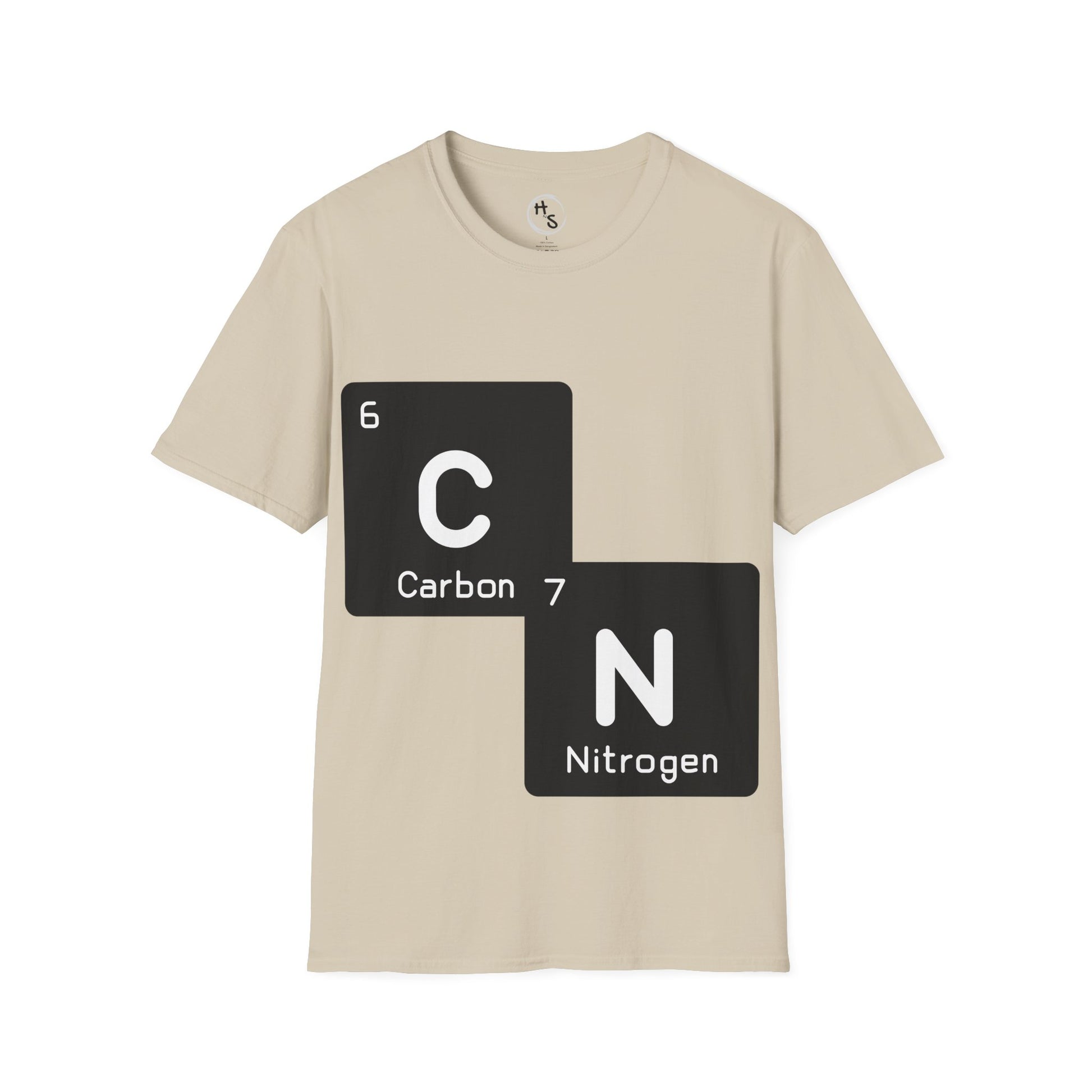 Beige t-shirt with 67 carbon and nitrogen elements design on a white background