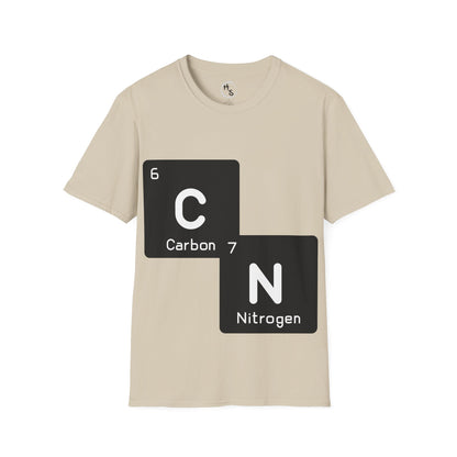 Beige t-shirt with 67 carbon and nitrogen elements design on a white background