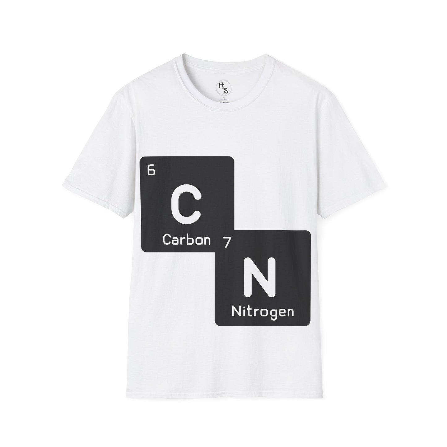 White t-shirt with black 67 chemical element design on a white background