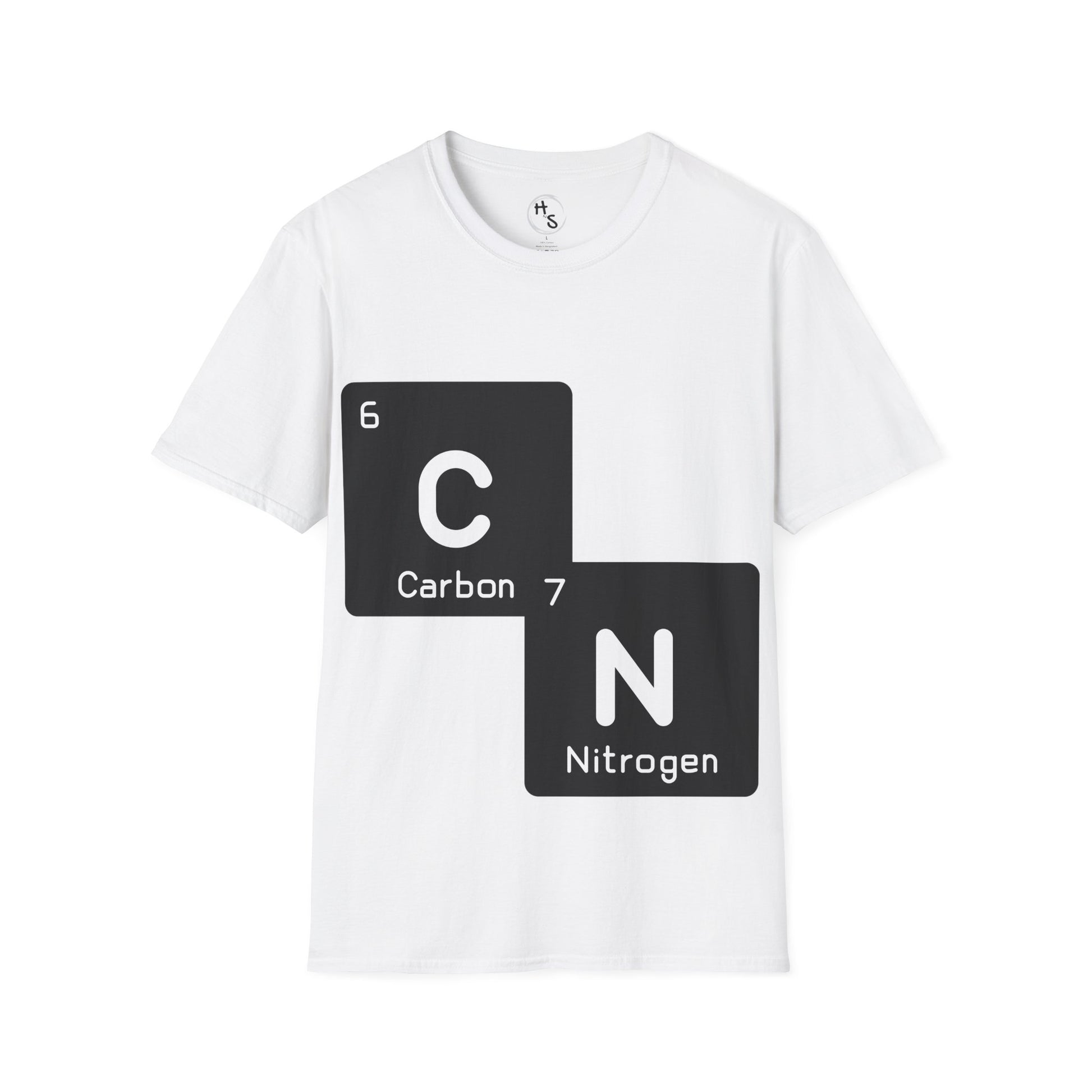 White t-shirt with black 67 chemical element design on a white background