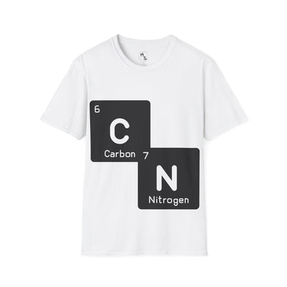 White t-shirt with black 67 chemical element design on a white background
