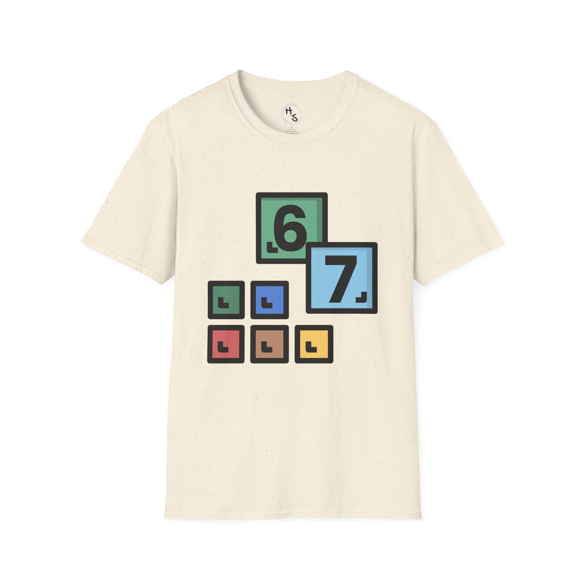 Beige t-shirt with 67 colorful block design featuring numbers on a beige 
background