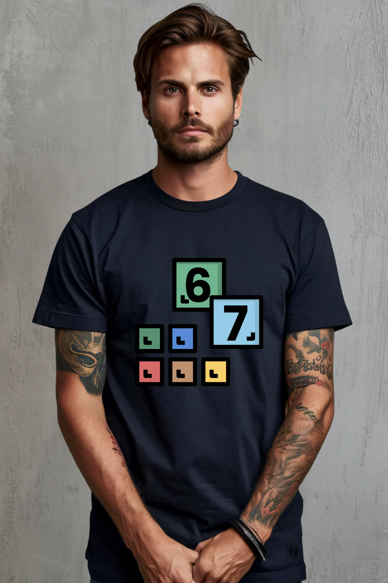 Man wearing a black t-shirt with 67 colorful graphic design on a black background