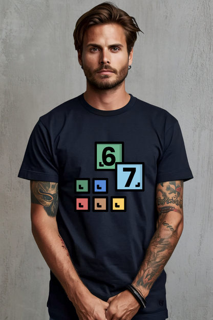 Man wearing a black t-shirt with 67 colorful graphic design on a black background