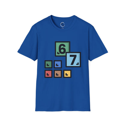 Blue t-shirt with 67 colorful number design on a blue background