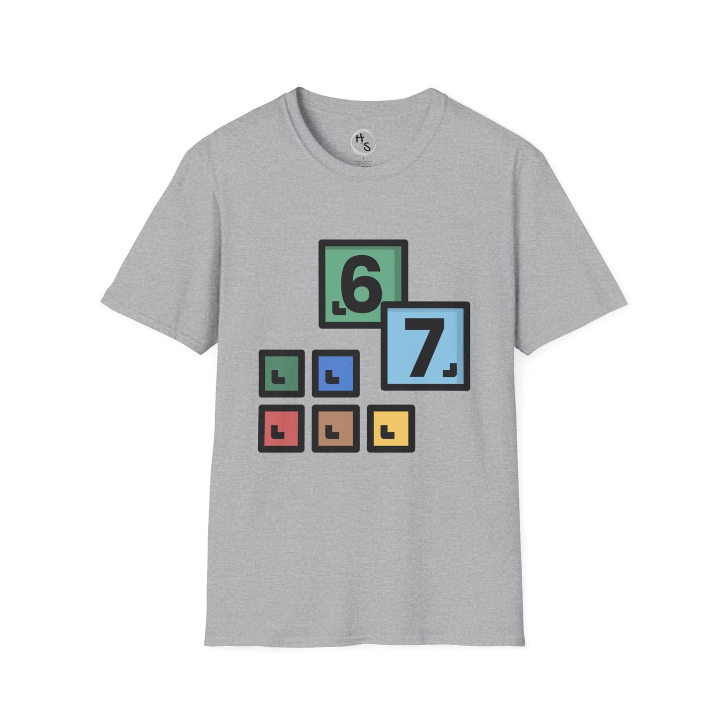 Gray t-shirt with 67 colorful block design featuring numbers on a grey background