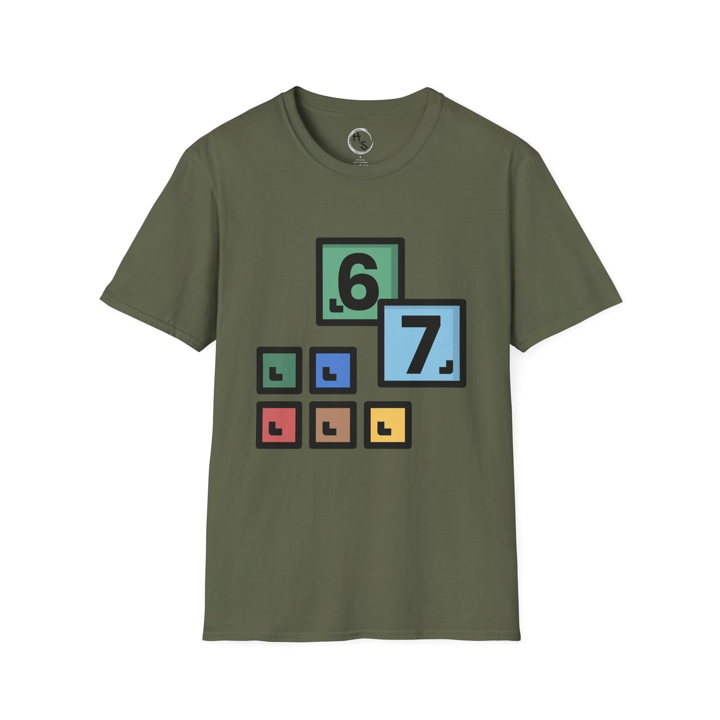 Green t-shirt with 67 colorful block design on a military green background