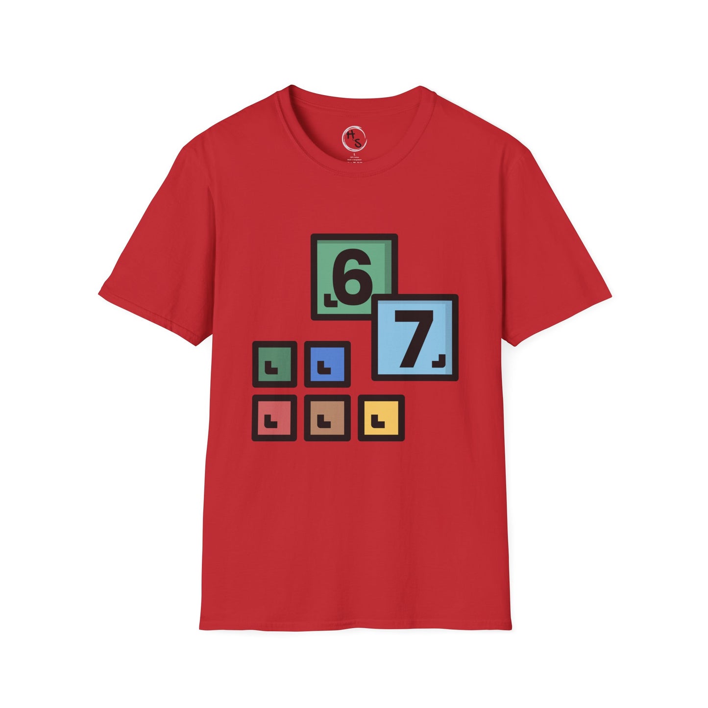 Red t-shirt with 67 colorful block design on a red background