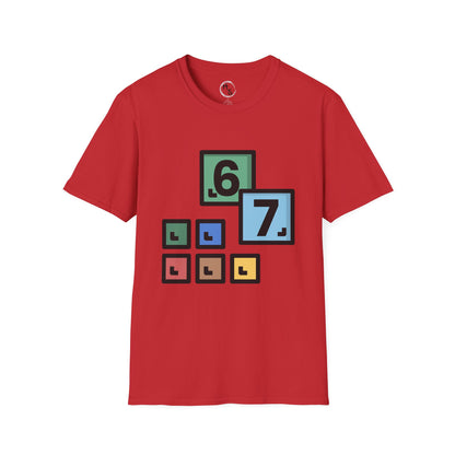 Red t-shirt with 67 colorful block design on a red background