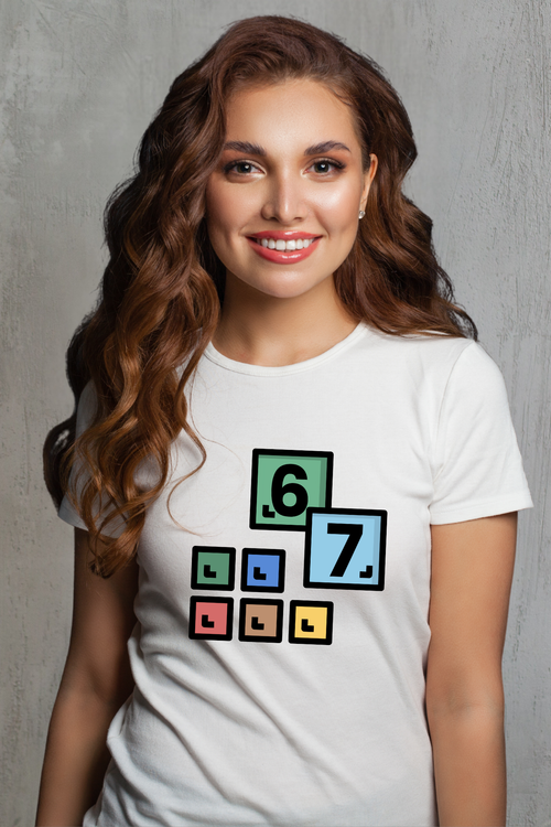 Woman wearing a white t-shirt with 67 colorful numbers and symbols on a gray background
