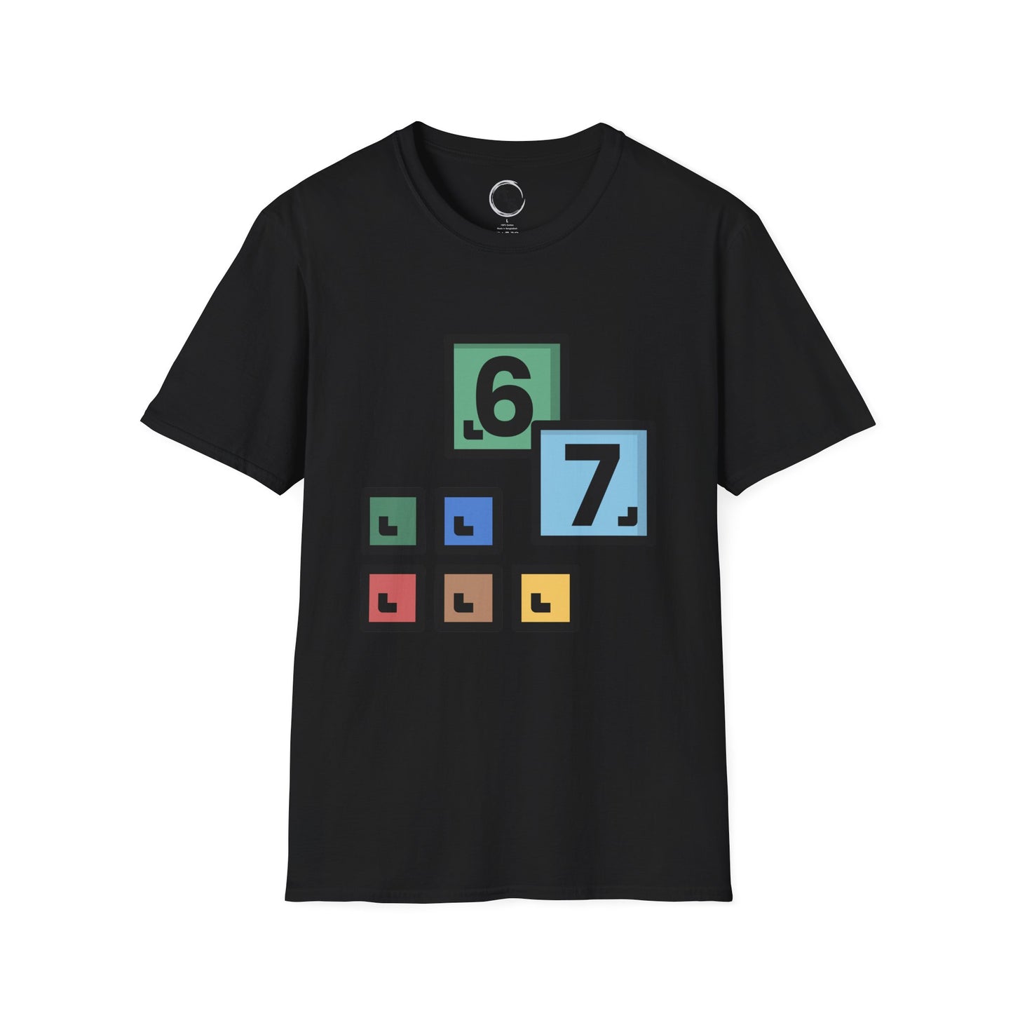 Black t-shirt with 67 colorful number design on a black background
