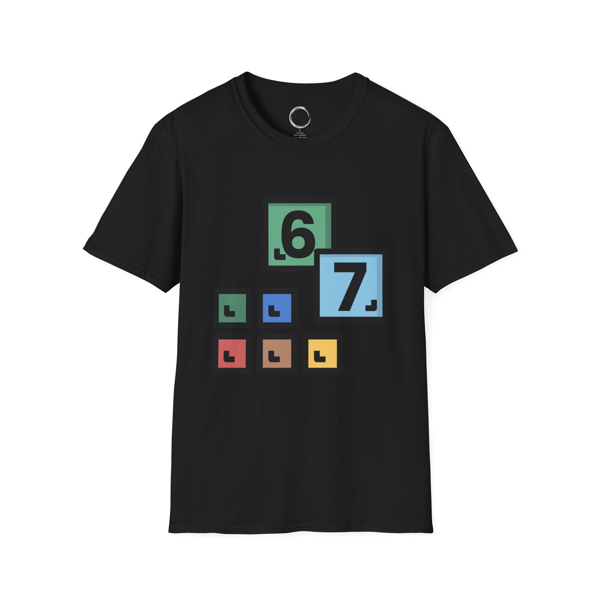 Black t-shirt with 67 colorful number design on a black background