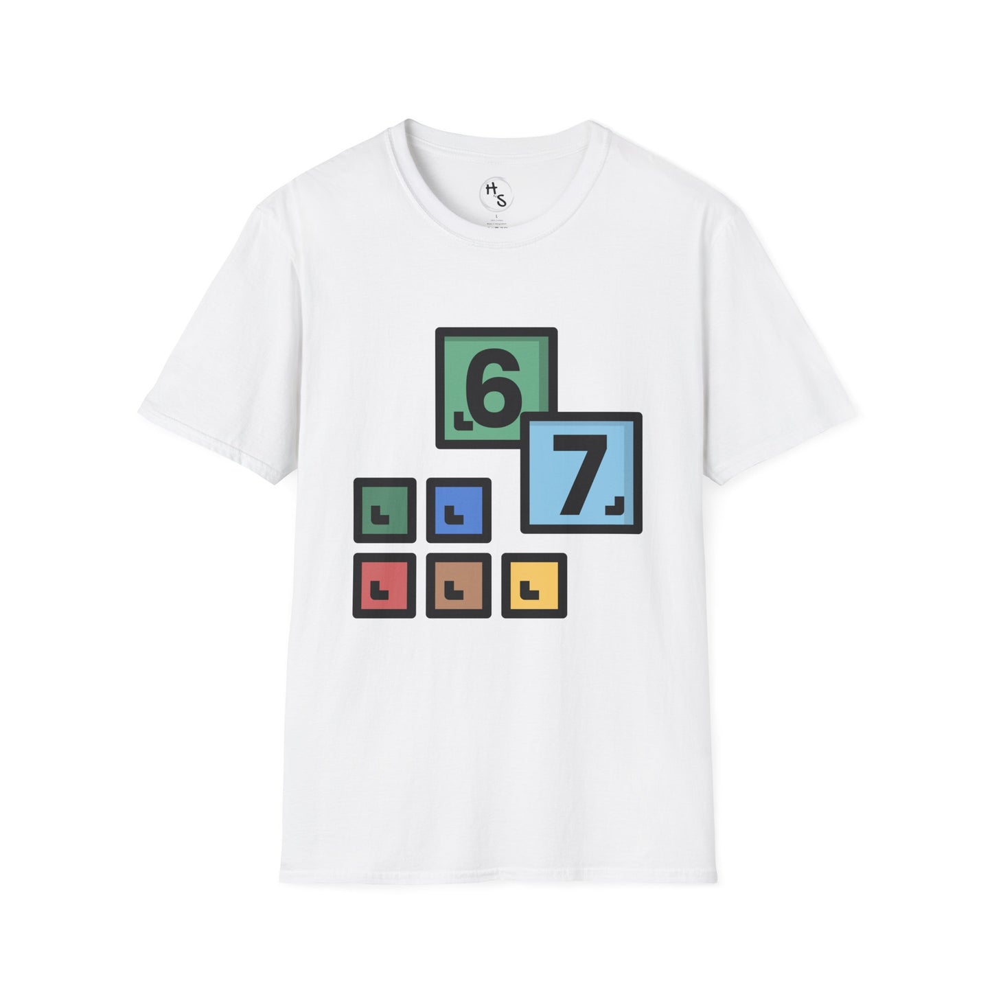 White t-shirt with 67 colorful block design featuring numbers on a white background