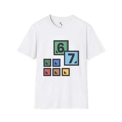 White t-shirt with 67 colorful block design featuring numbers on a white background