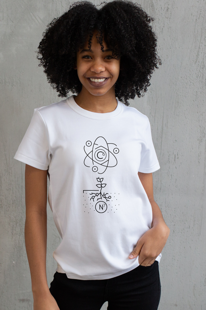 Person wearing a white t-shirt with a black 67 design against a gray background