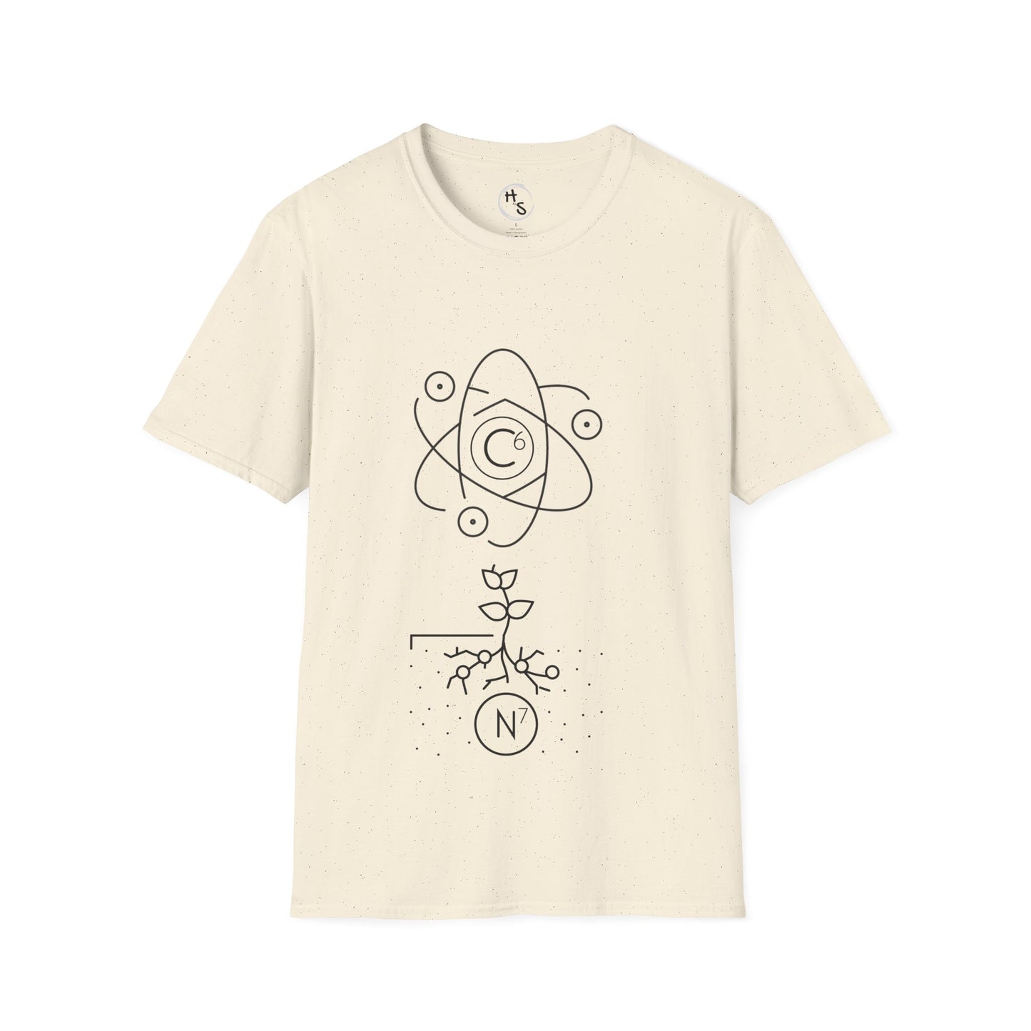 Beige t-shirt with black abstract 67 design on a white background