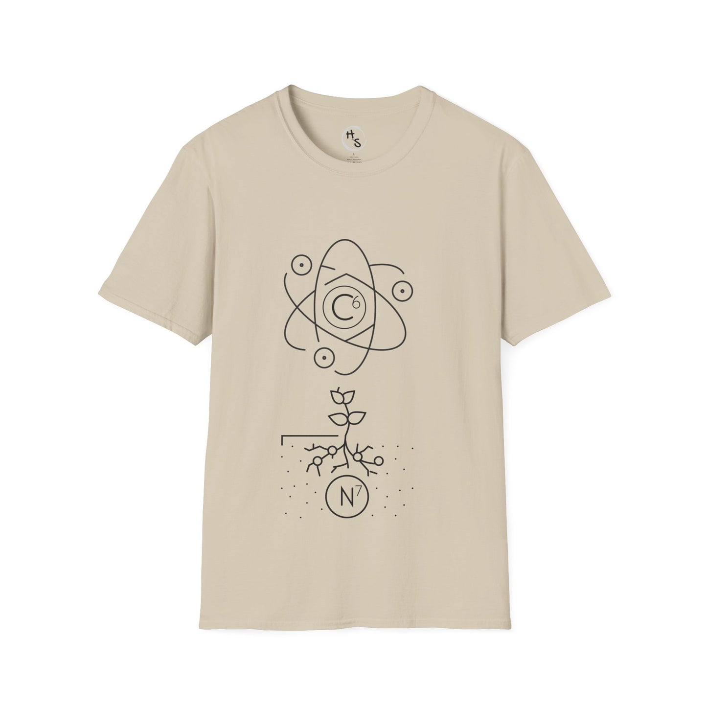 Beige t-shirt with black abstract 67 design on a white background