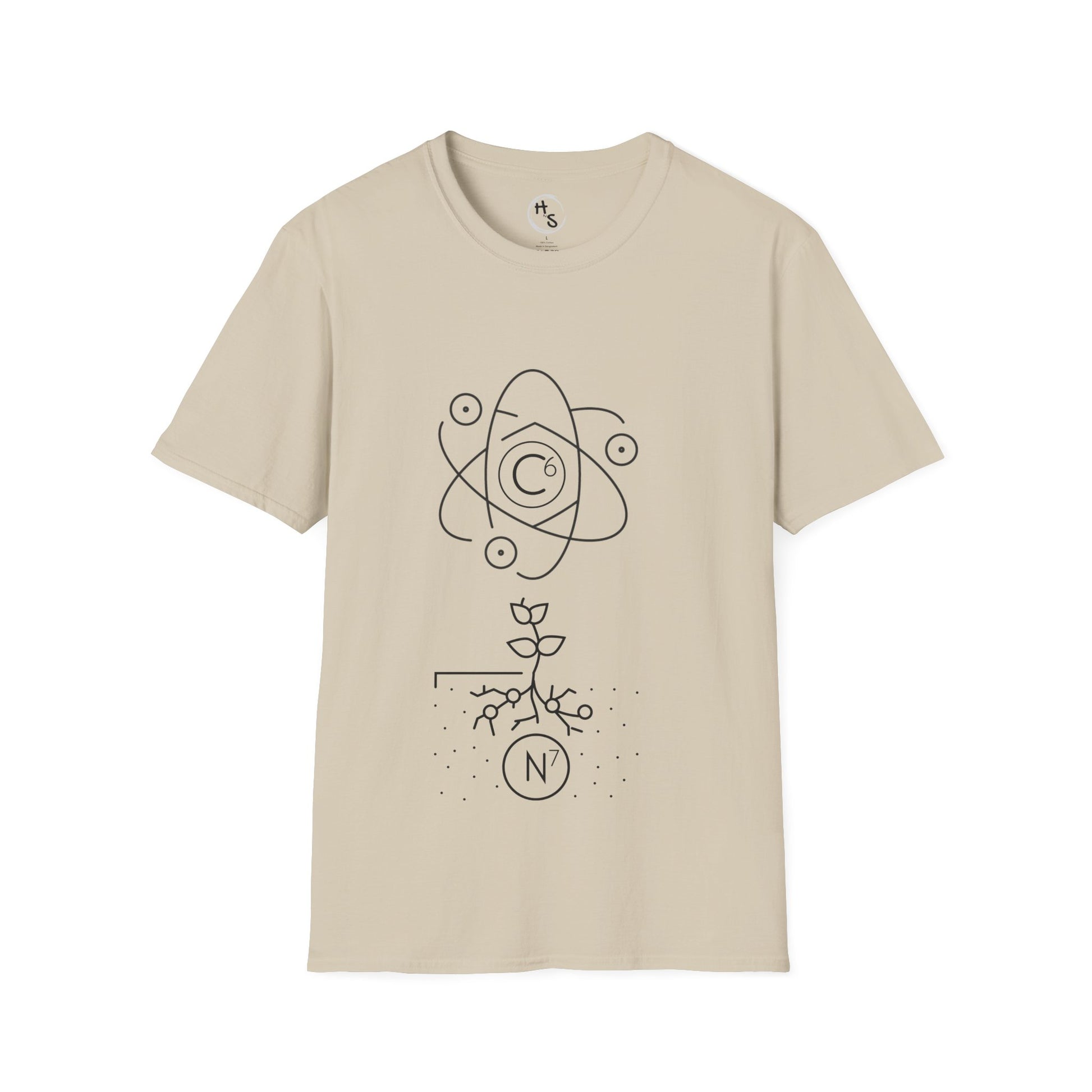 Beige t-shirt with black abstract 67 design on a white background