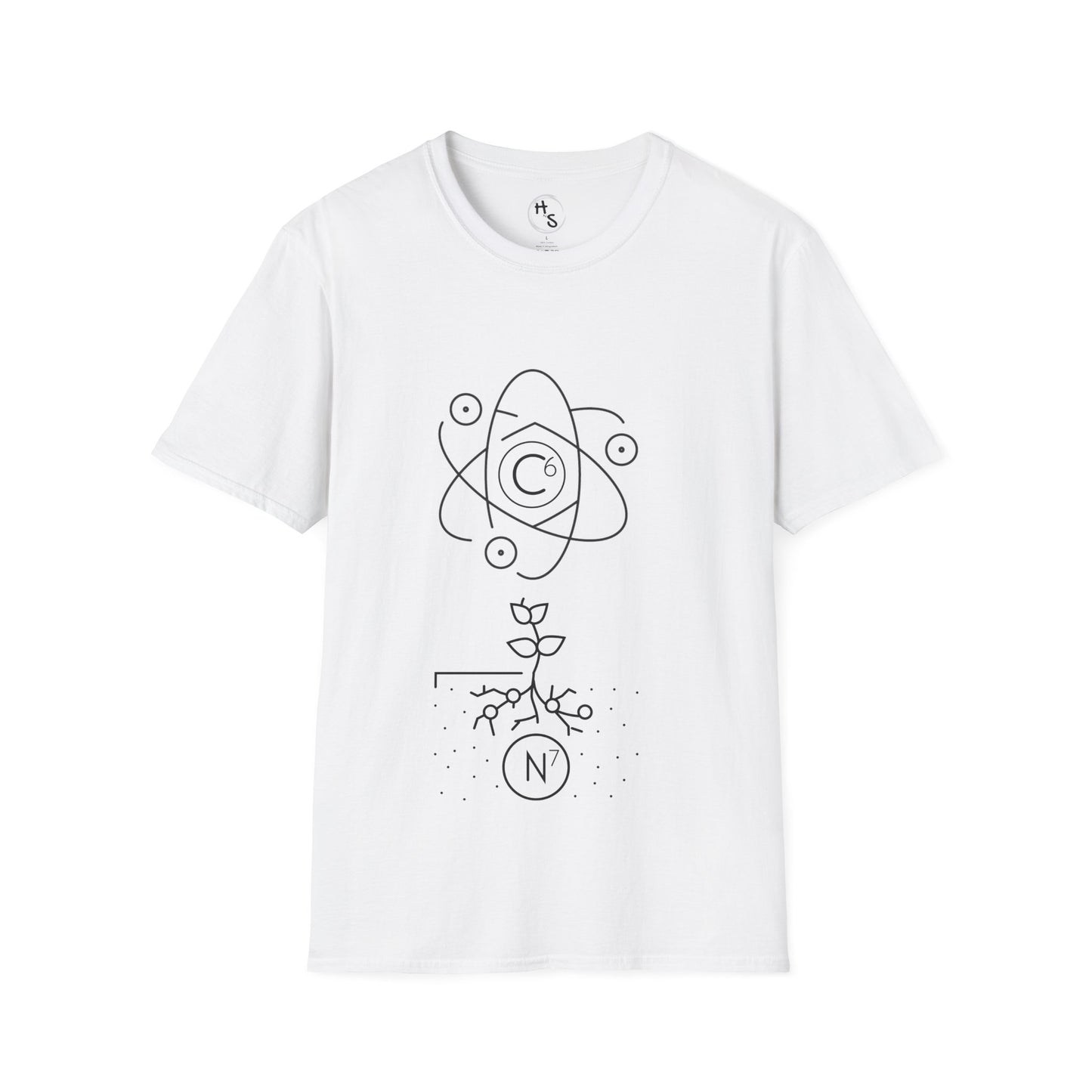 White t-shirt with black abstract 67 design on a white background