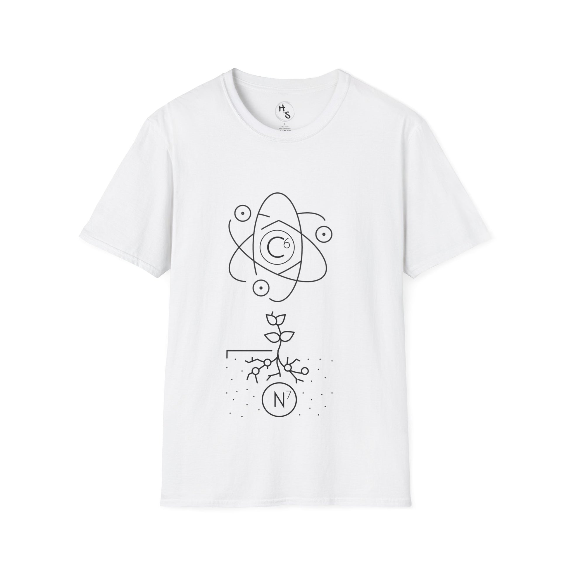 White t-shirt with black abstract 67 design on a white background
