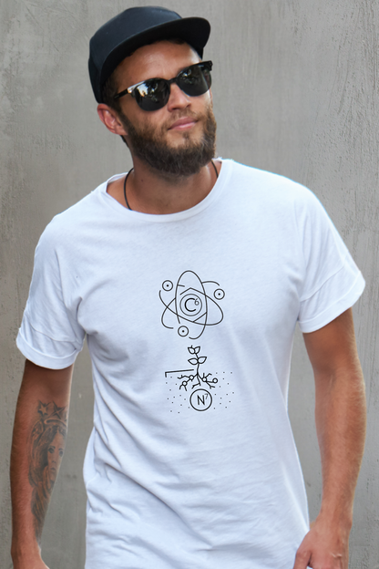 Man wearing a white t-shirt with a unique 67 design against a gray background