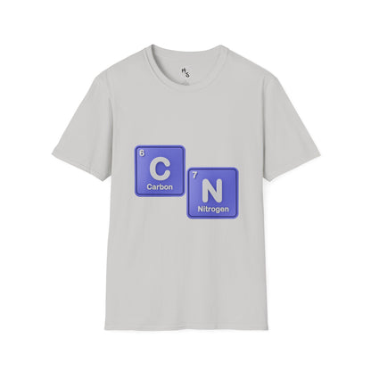 Gray t-shirt with blue 67 chemical element symbols on a white background