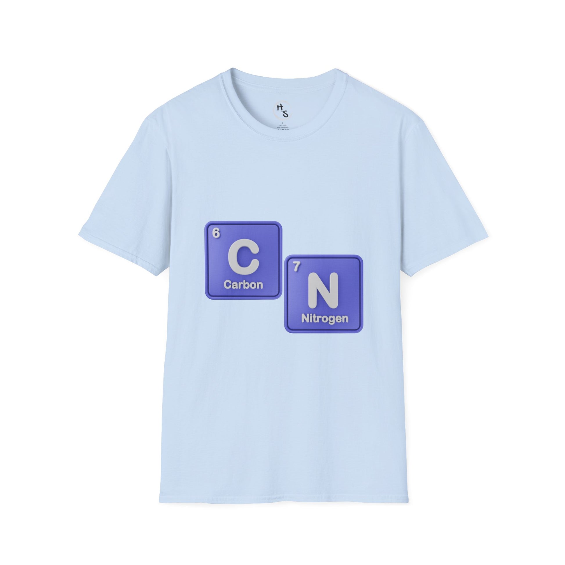 Light blue t-shirt with blue 67 chemical element symbols on a white background