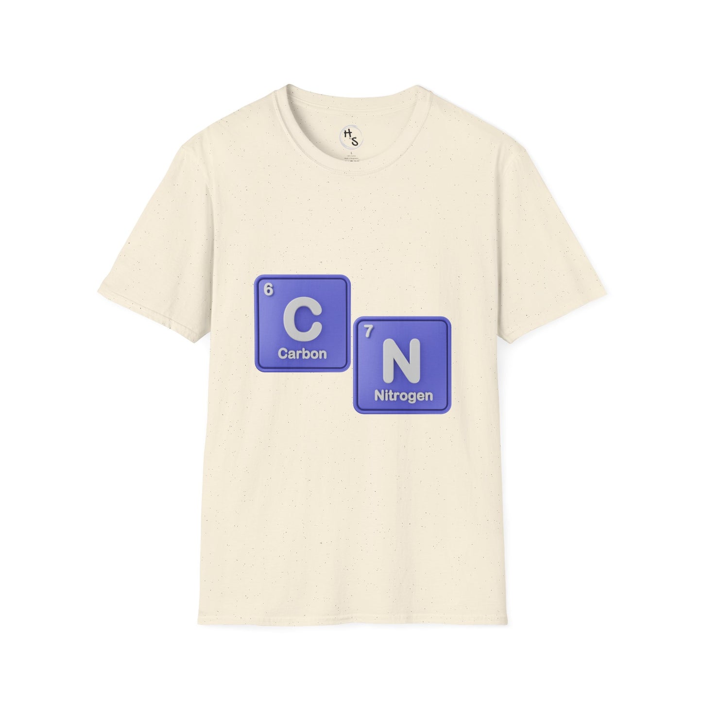 Beige t-shirt with blue 67 elements on a white background