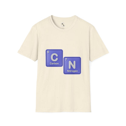 Beige t-shirt with blue 67 elements on a white background