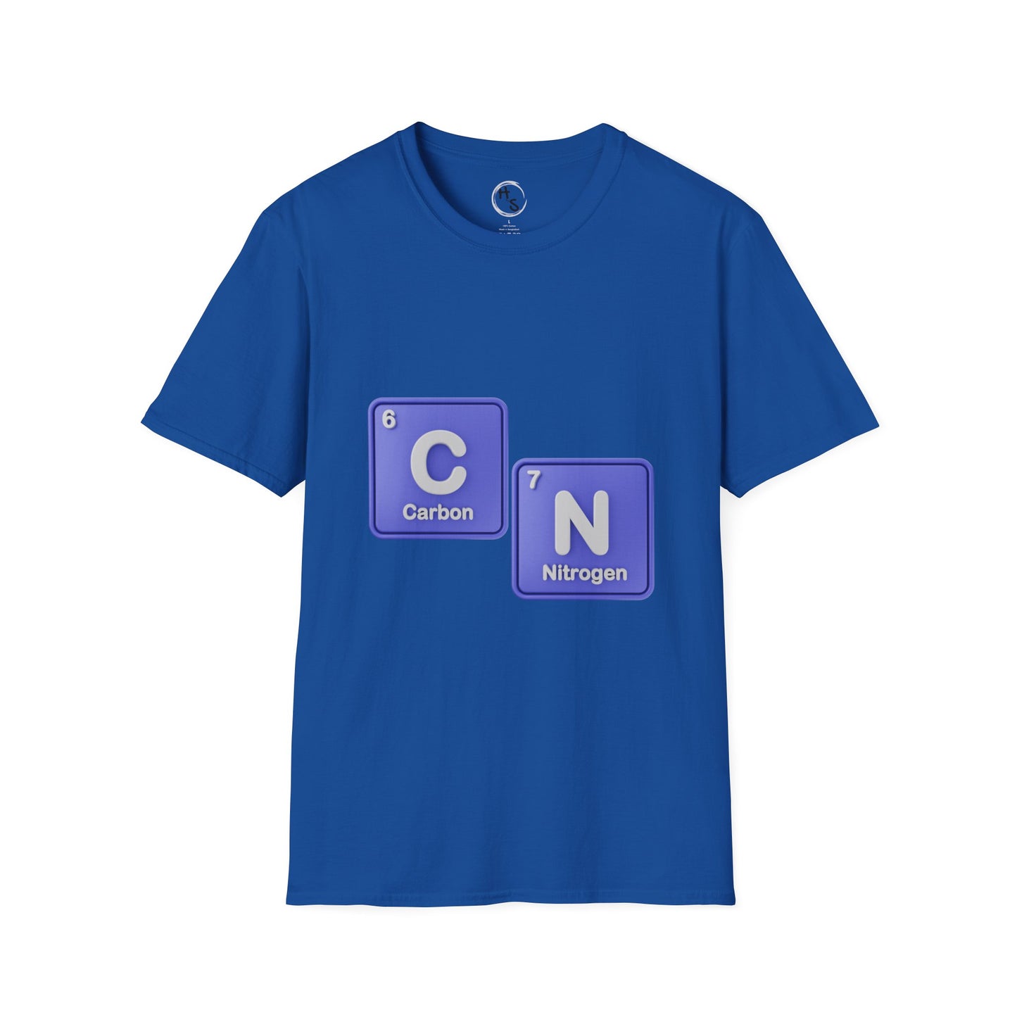 Blue t-shirt with 67 carbon and nitrogen elements on a white background