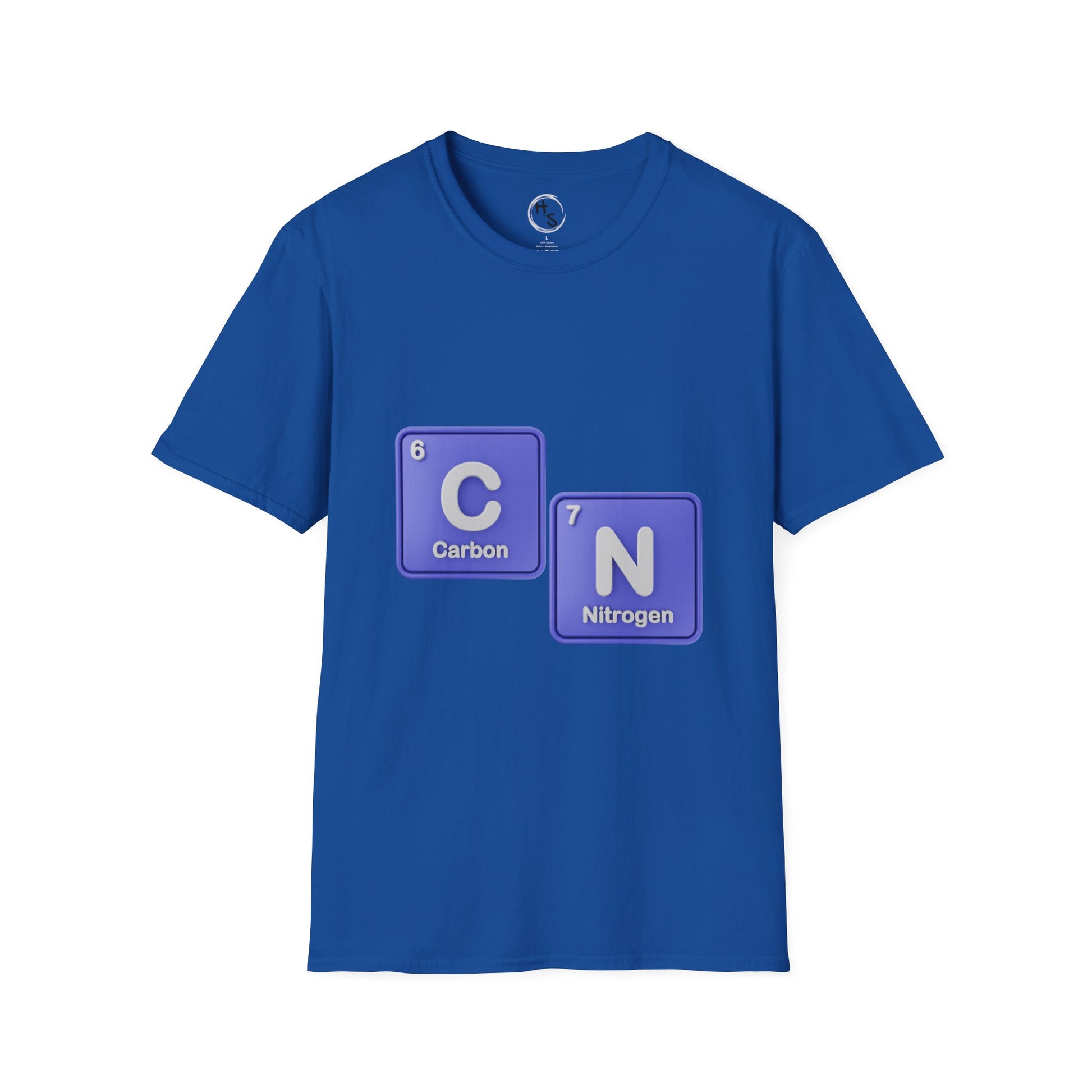 Blue t-shirt with 67 carbon and nitrogen elements on a white background